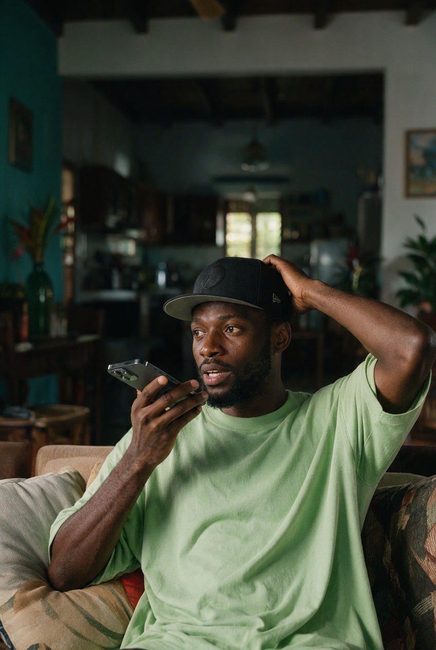 Un homme en casquette et t-shirt vert dicte une note vocale sur son téléphone, installé dans son salon.